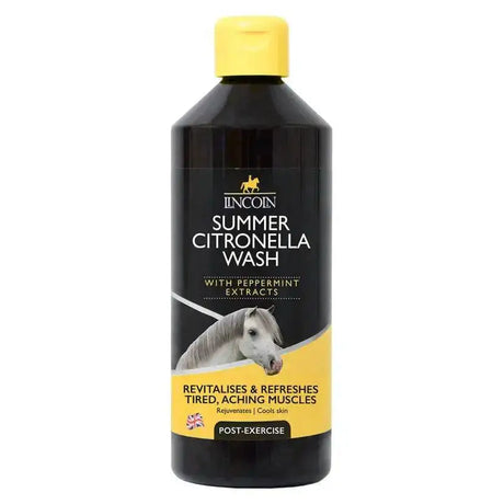 Black plastic bottle with yellow cap and label featuring lincoln summer citronella rejuvenating wash design