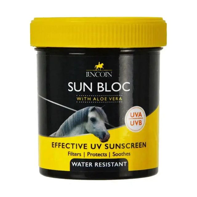 Black and yellow lincoln sun bloc container with aloe vera and horse image to soothe and safeguard delicate exposed areas