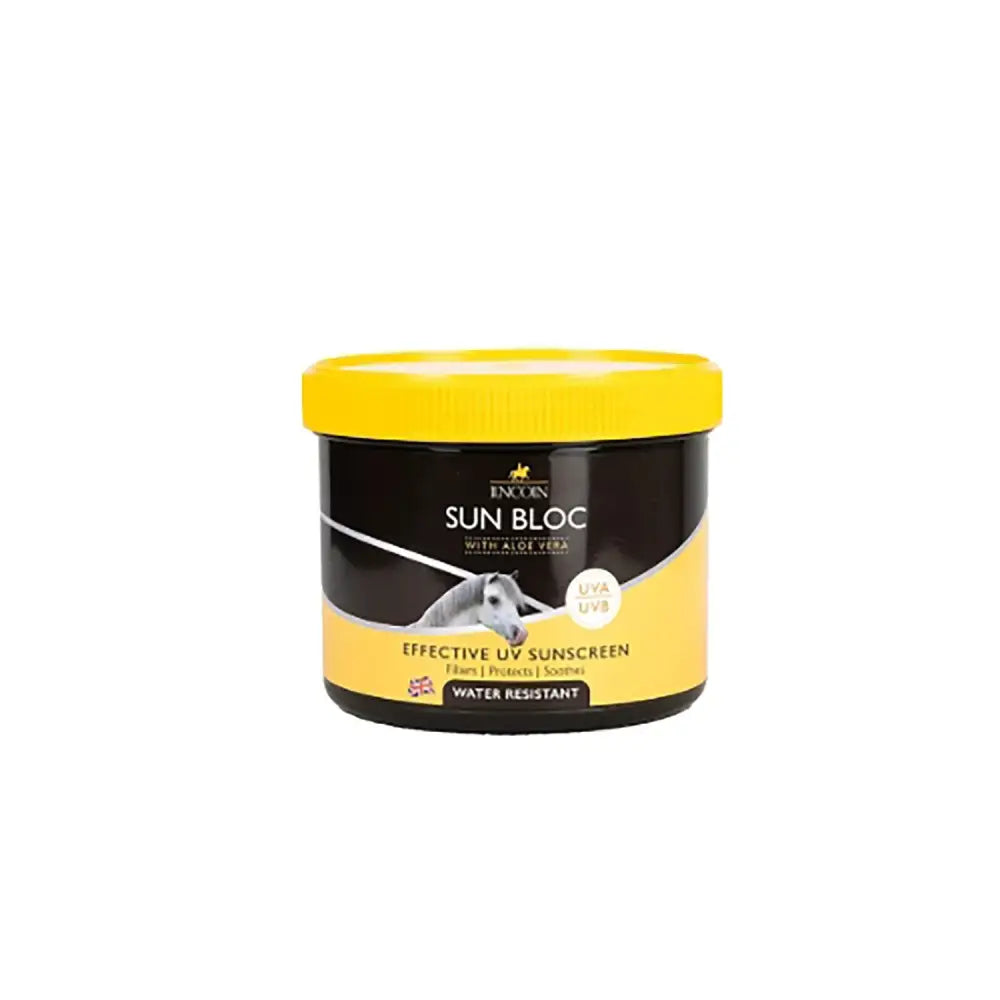 Black jar of lincoln sun bloc soothing sun block with yellow lid and aloe vera to safeguard delicate exposed areas