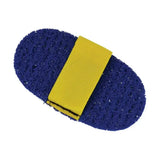 Blue oval sponge with yellow fabric strap from lincoln super groomer to remove dirt grime easily in horse grooming