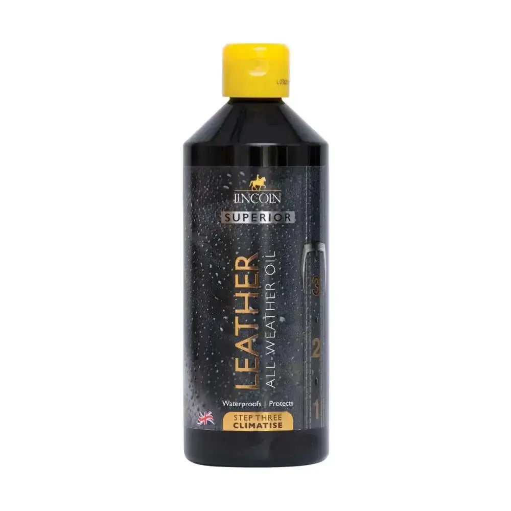 Black plastic bottle with yellow cap labeled lincoln superior leather all-weather oil in gold and white text