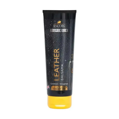 Black tube of lincoln superior leather balsam plus with gold lettering and a yellow cap for leather care