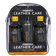 Black lincoln superior leather care 3 step system with three yellow cap bottles in a clear plastic backpack