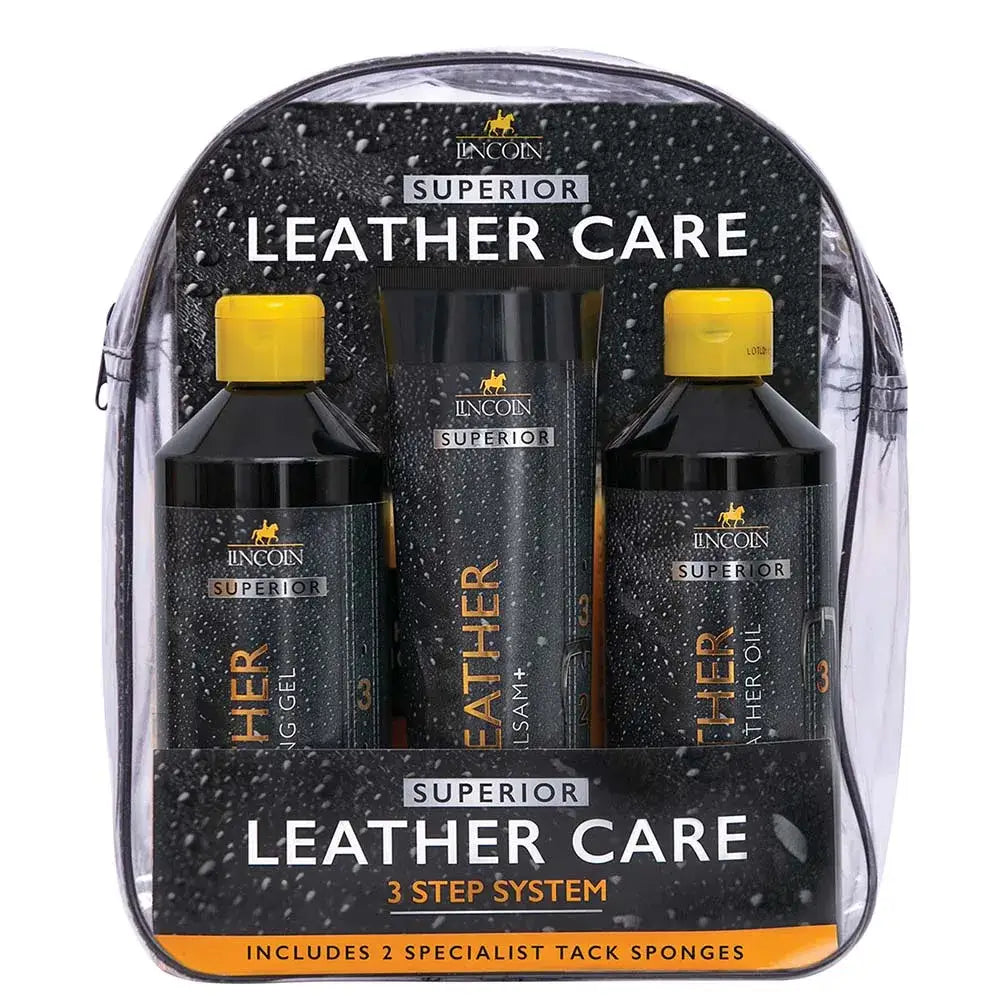 Black lincoln superior leather care 3 step leather system with three bottles in clear plastic backpack