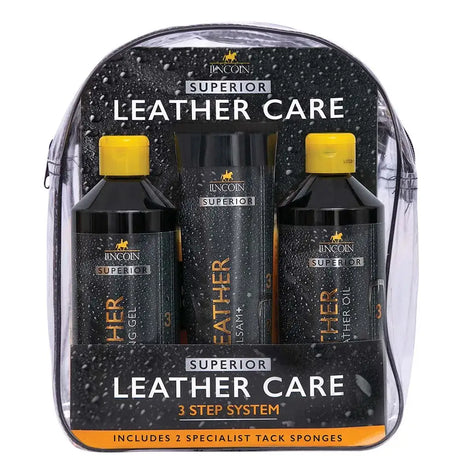 Black lincoln superior leather care 3 step leather system with three bottles in clear plastic backpack