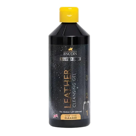 Black plastic bottle with yellow cap and gold lettering labeled lincoln superior leather cleansing gel for step one cleanse