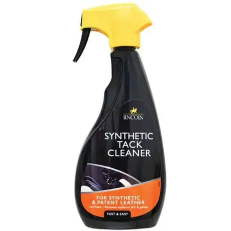 Black spray bottle with yellow trigger labeled lincoln synthetic tack cleaner for powerful deep cleansing synthetic saddle leather