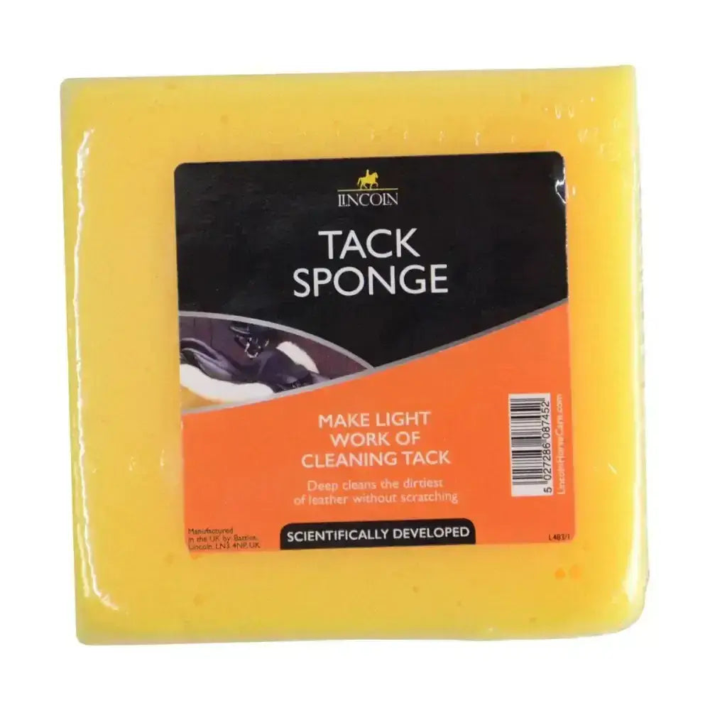 Yellow rectangular lincoln tack sponge in clear plastic with black and orange label for clean leather tack use