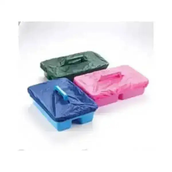 Set of three colorful lincoln tack tray covers in elasticated waterproof nylon with handles and matching plastic bags