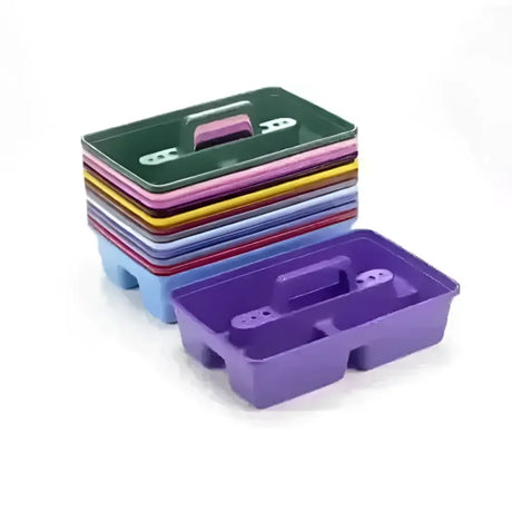 Stack of colorful plastic lincoln tack trays with handle and compartments for organizing horse tack boxes