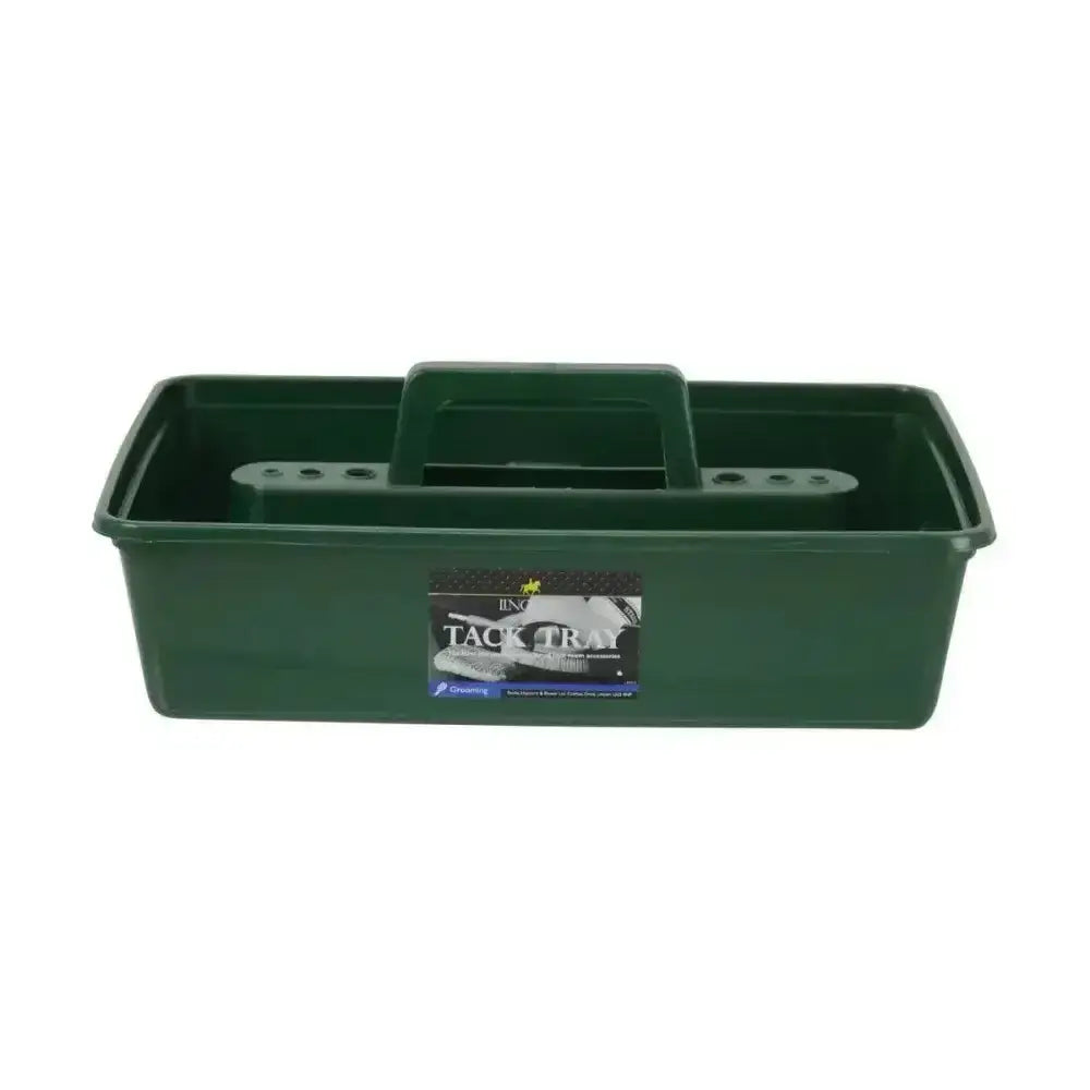 Dark green plastic lincoln tack trays with molded handle and integrated tool slots for organizing horse tack boxes
