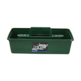 Dark green plastic lincoln tack trays with molded handle and integrated tool slots for organizing horse tack boxes