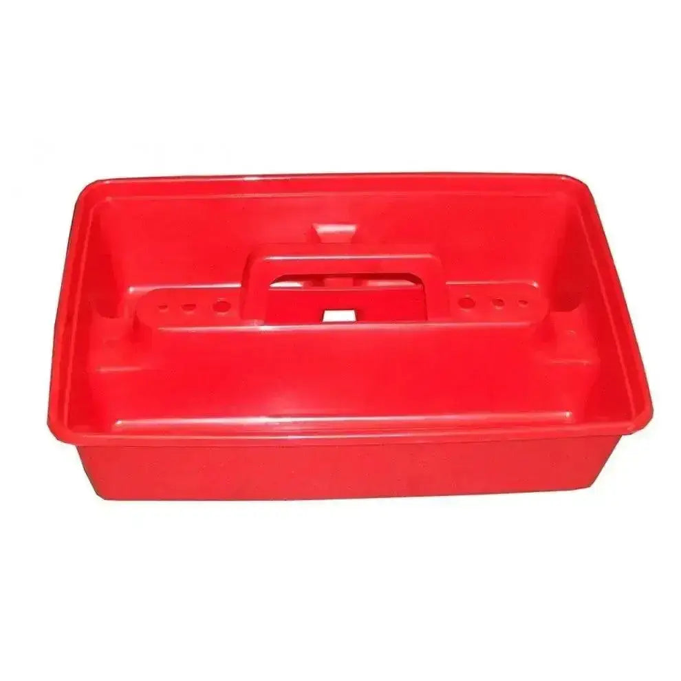 Red plastic lincoln tack trays toolbox with integrated handle and side slots for horse tack boxes and purpose tack trays