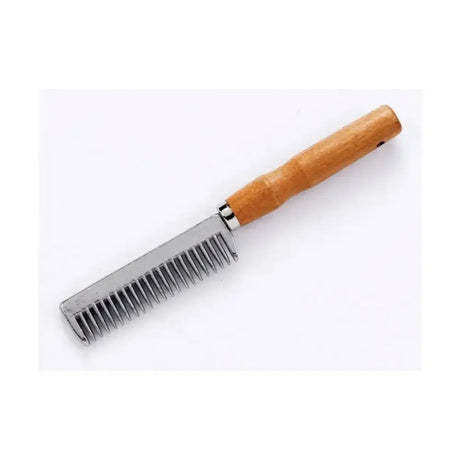 A sleek silver aluminium lincoln tail comb with evenly spaced teeth and a smooth light brown wooden handle for mane & tail