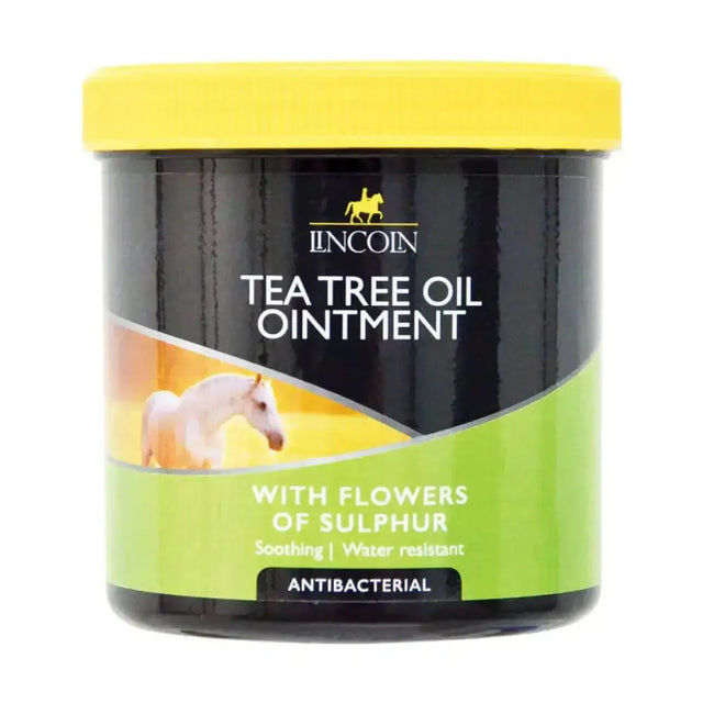 Lincoln tea tree oil ointment in a black jar with yellow lid and green label featuring a white horse, effective antibacterial ointment