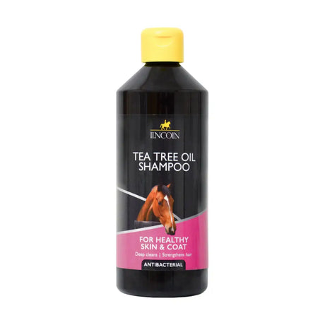 Black plastic Lincoln tea tree oil shampoo bottle with yellow cap for deep cleansing and healthy skin and coat