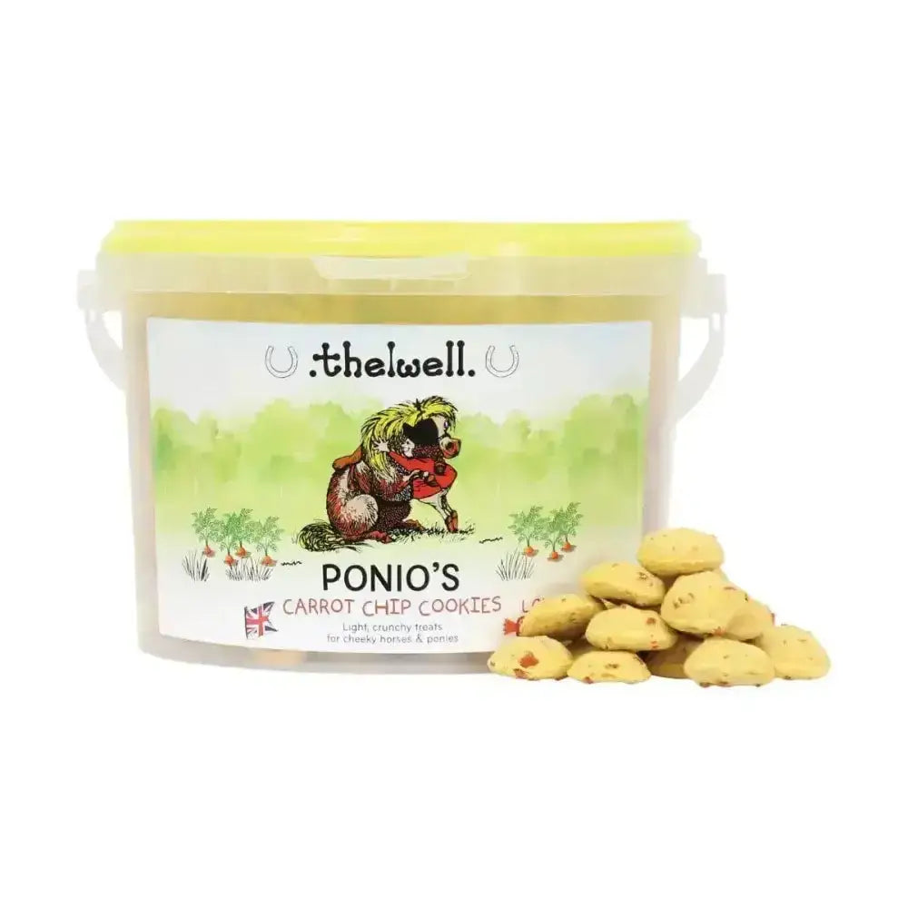 A yellow plastic tub with a matching lid labeled ponios carrot chip cookies featuring a cartoon pony for thelwell ponio treats
