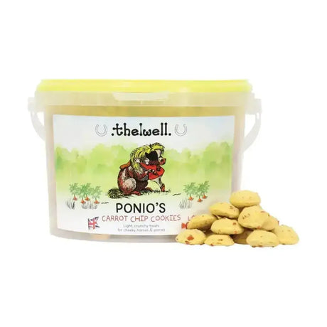 A yellow plastic tub with a matching lid labeled ponios carrot chip cookies featuring a cartoon pony for thelwell ponio treats