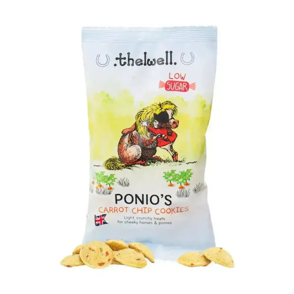 A white bag of lincoln thelwell ponio carrot chip cookies with a yellow background and a pony and horse cartoon embrace