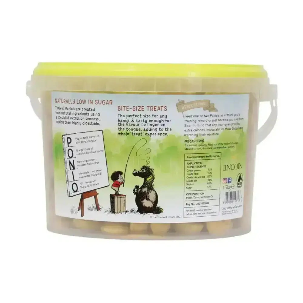 A translucent plastic tub with a bright yellow lid filled with bite-sized orange treats for lincoln thelwell ponio