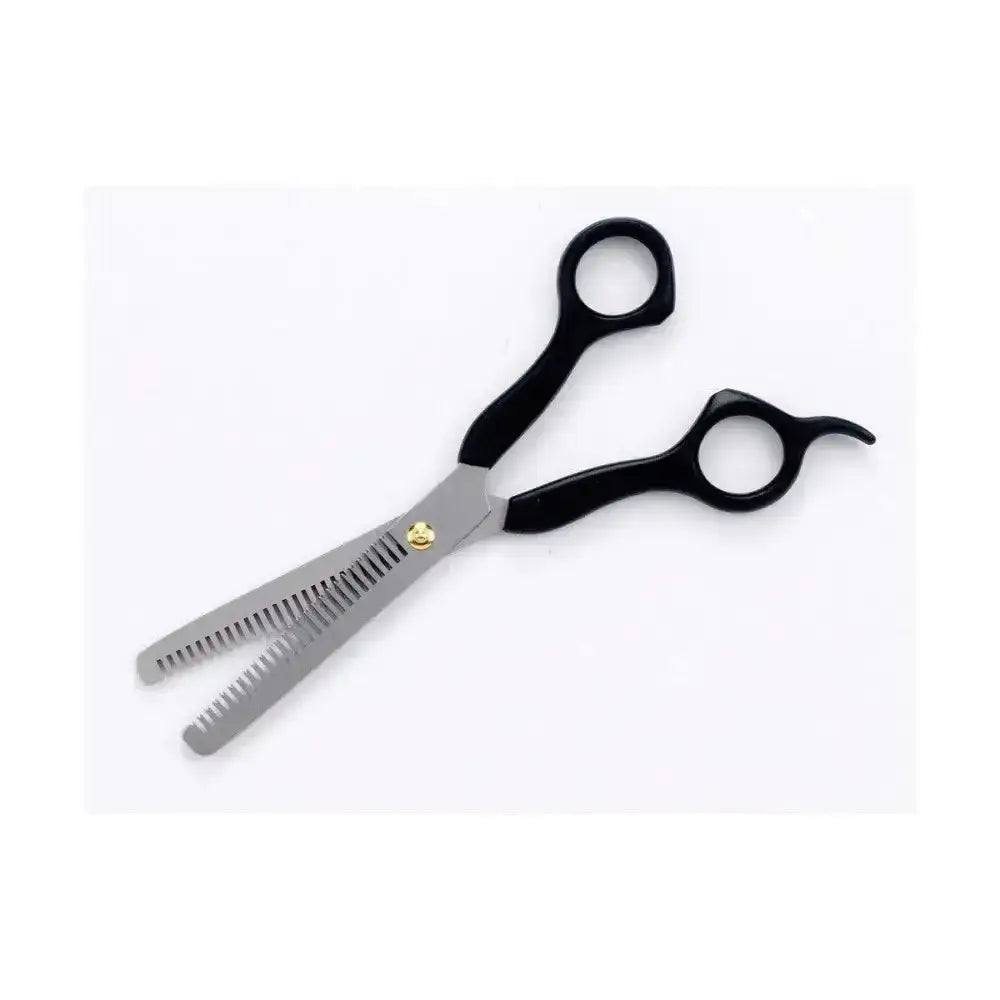 Black-handled lincoln thinning scissors with silver scissors steel blade and gold pivot screw for precision cutting