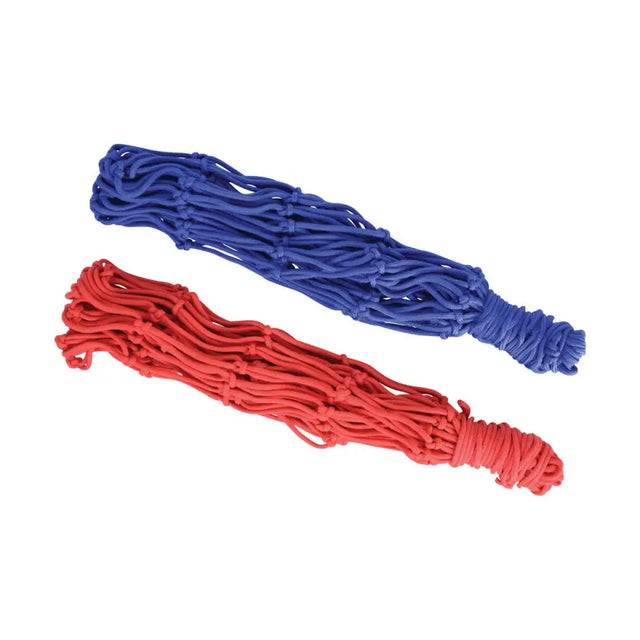 Lincoln three horse extra large hay net made of blue and red durable synthetic rope mesh for horses