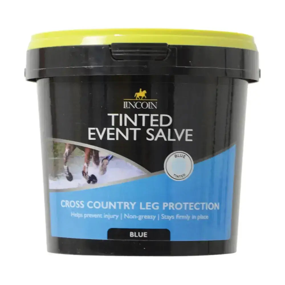 Black plastic tub with bright yellow lid labeled lincoln tinted event salve for professional event rider use