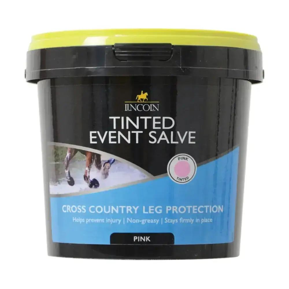 Black plastic tub with bright yellow lid labeled lincoln tinted event salve for professional event rider use