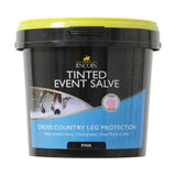 Black plastic tub with bright yellow lid labeled lincoln tinted event salve for professional event rider use