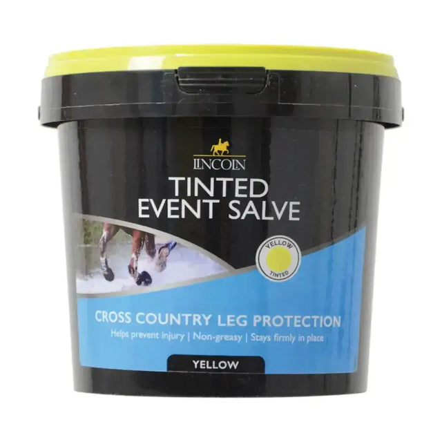Black plastic tub with bright yellow lid and blue label for lincoln tinted event salve used by professional event riders