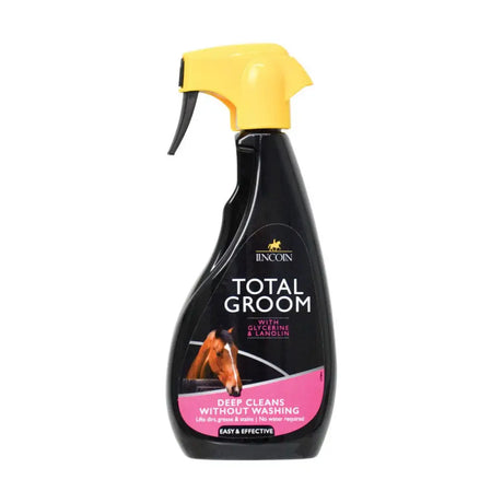 Black plastic spray bottle with yellow trigger labeled lincoln total groom featuring a horse head for time saving grooming