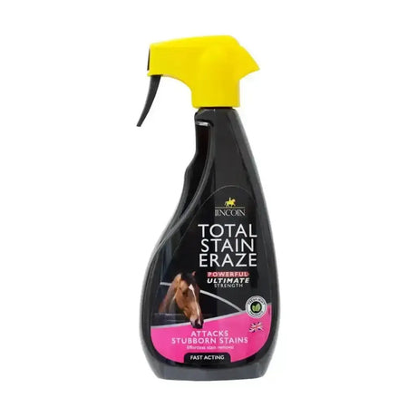 Black plastic spray bottle with bright yellow nozzle labeled lincoln total stain eraze for deep stain removal