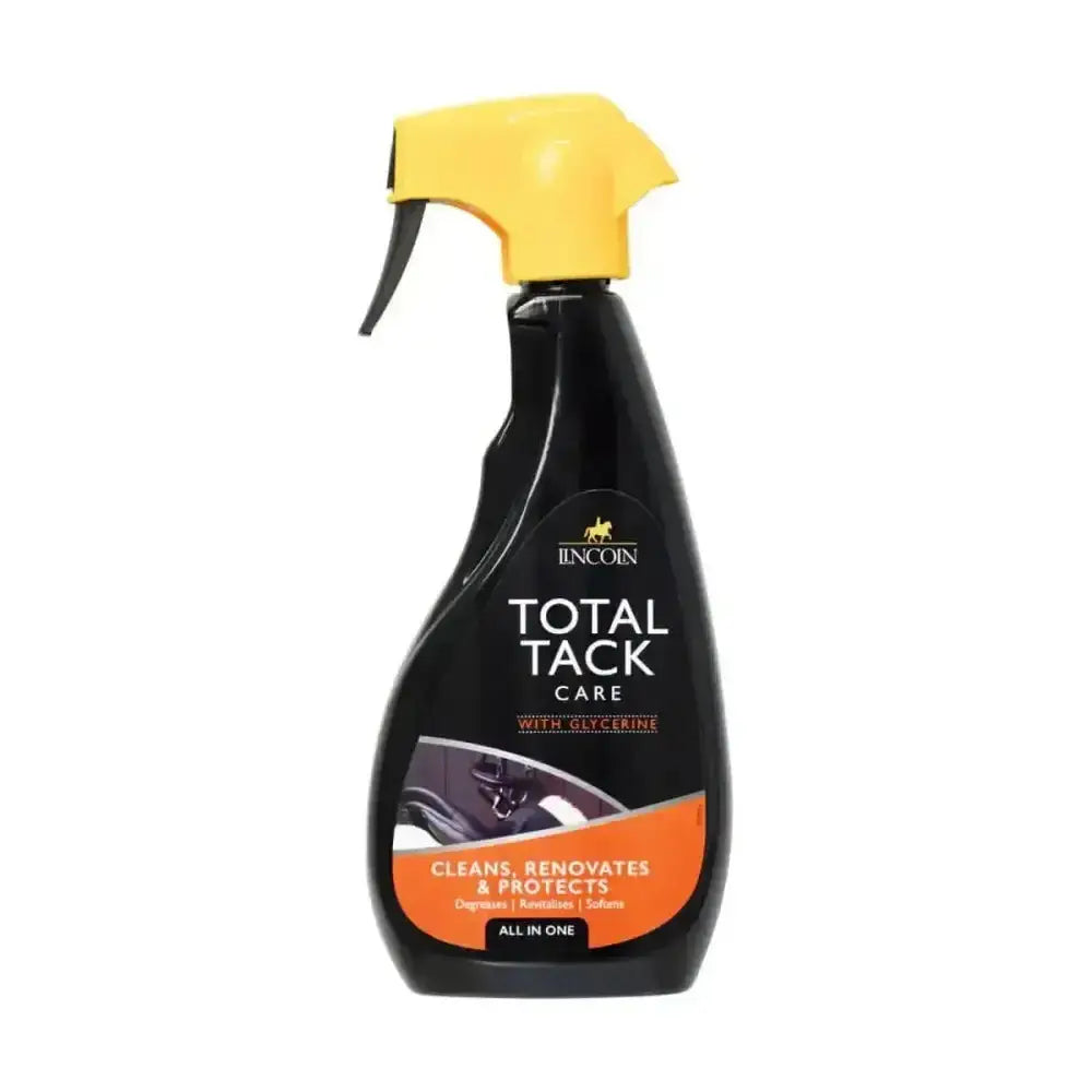 Black spray bottle with bright yellow nozzle labeled lincoln total tack featuring orange accents for glycerine tack use