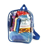 Blue transparent lincoln treat bag showing horse grooming combs and christmas horse bix inside