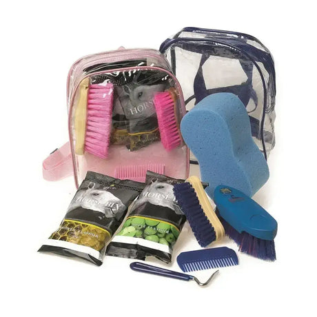 Pink transparent lincoln treat bag backpack filled with horse grooming combs and supplies for christmas horse bix