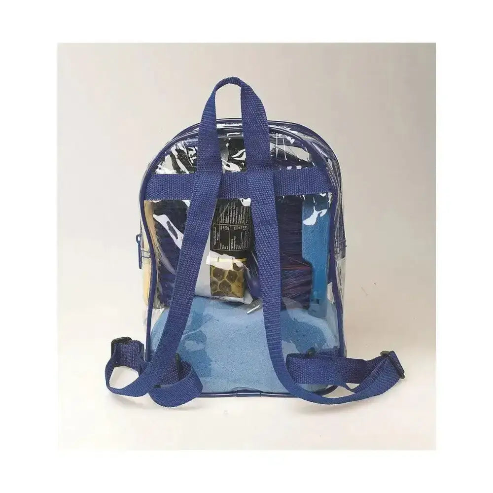 Transparent blue lincoln treat bag with navy fabric straps ideal for christmas horse bix and horse grooming combs
