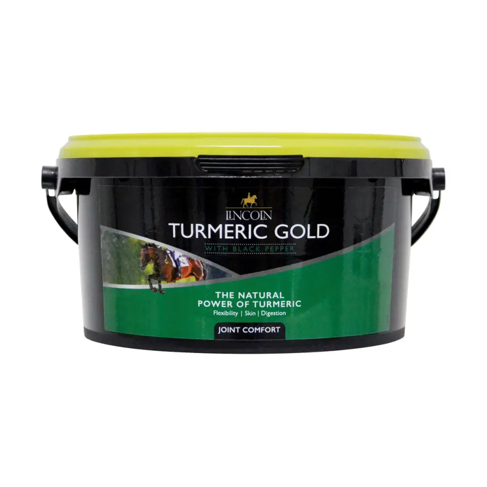 Black plastic tub with bright lime green lid and label of lincoln turmeric gold supplement for joint comfort