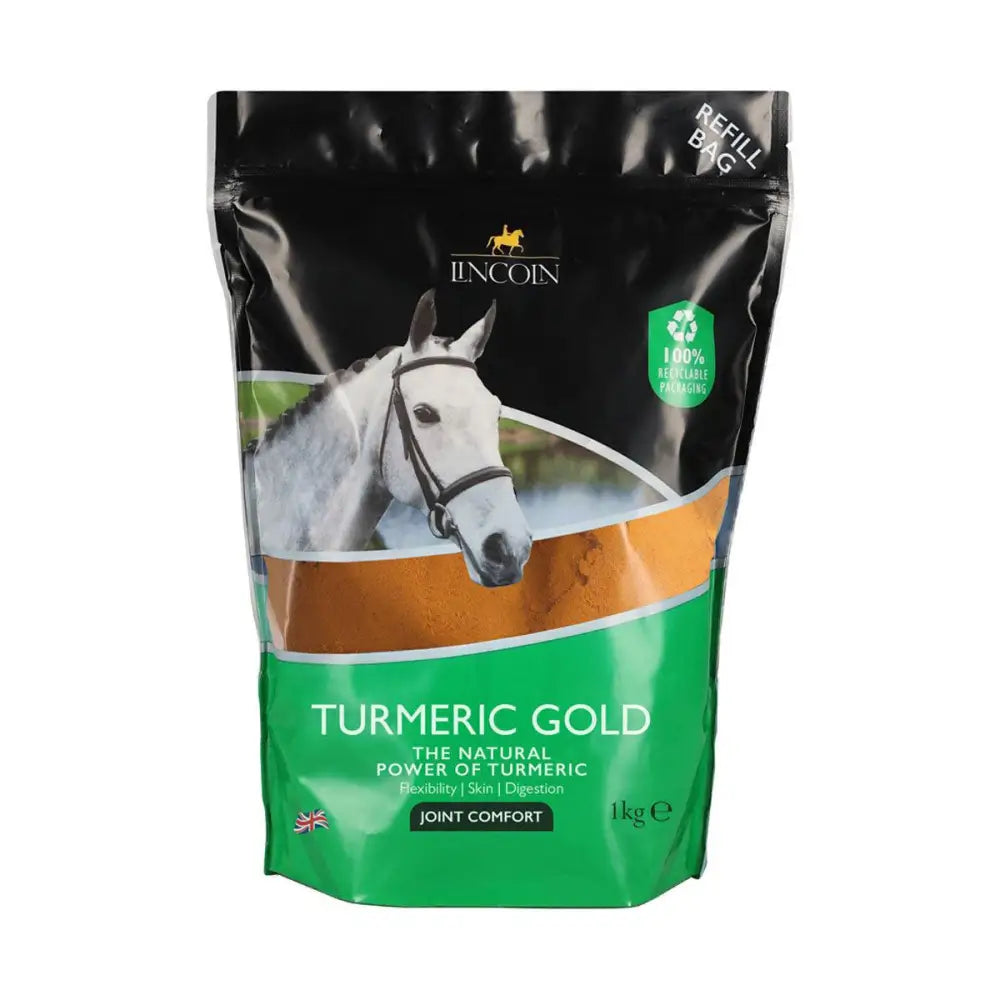 Lincoln turmeric gold joint comfort refill pouch in black and green with white horse image featuring bioactive compounds