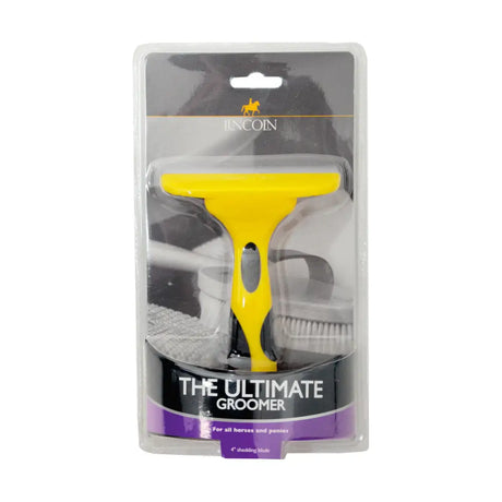 Bright yellow plastic horse shedding blade in clear packaging branded lincoln ultimate groomer for healthy coat horse grooming