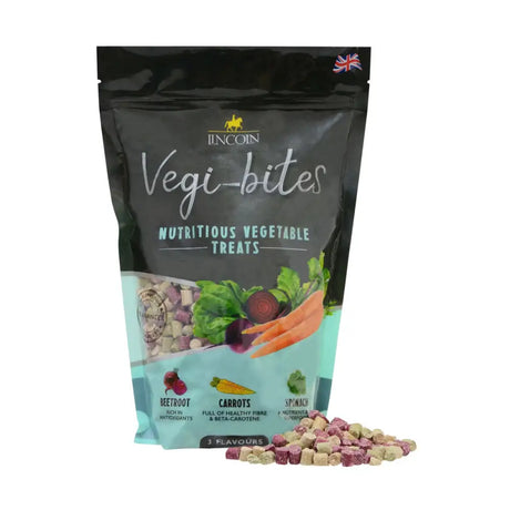 Lincoln vegi-bites horse treats in black and teal pouch with colorful diced beetroot carrot and spinach small treat big flavour
