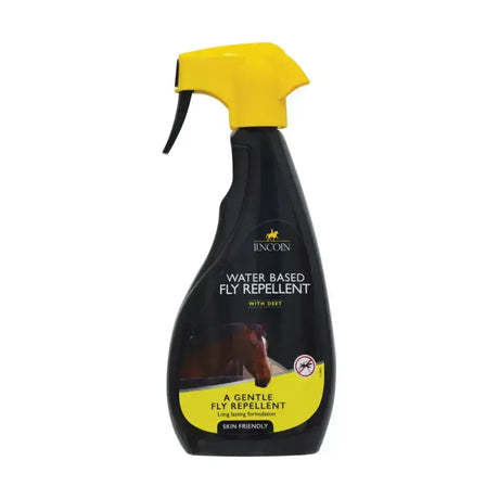Black plastic spray bottle with bright yellow nozzle labeled lincoln water based fly repellent for gentler fly sprays