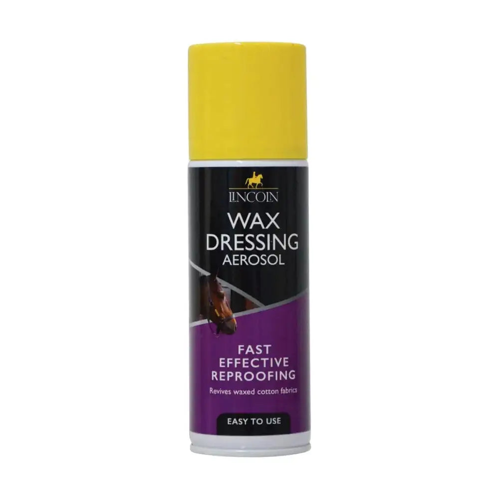 Yellow-capped lincoln wax dressing aerosol spray can with black and purple label for fast reproofing of horse tack fabrics