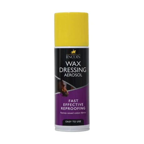 Yellow-capped lincoln wax dressing aerosol spray can with black and purple label for fast reproofing of horse tack fabrics