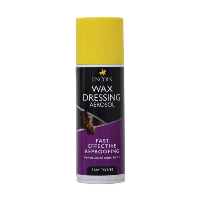 Yellow-capped lincoln wax dressing aerosol spray can with black and purple label for fast reproofing of horse tack fabrics