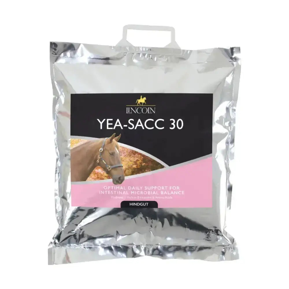 Silver foil pouch of lincoln yea-sacc 30 horse supplement with black pink label featuring horse supports fibre digestion process with saccharomyces cerevisiae
