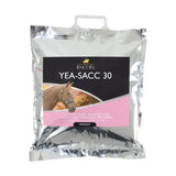 Silver foil pouch of lincoln yea-sacc 30 horse supplement with black pink label featuring horse supports fibre digestion process with saccharomyces cerevisiae