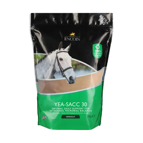 Lincoln yea-sacc 30 refill pouch black and green bag with white horse image for yeast saccharomyces cerevisiae fiber digestion process