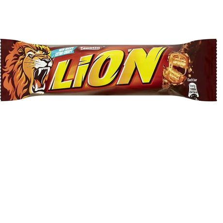 A lion chocolate bar in glossy red and gold wrapper with a roaring lion, featuring twirly milk chocolate inside