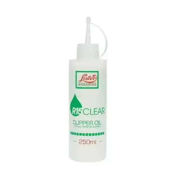 White plastic bottle of listo r15 clipper oil 250ml with pouring spout included for smooth lister clipper oil use