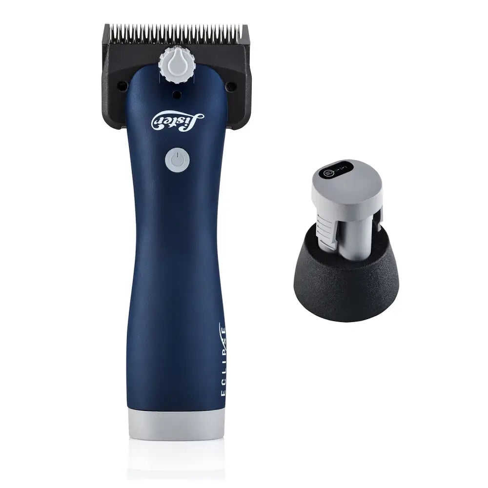 Blue and silver lister eclipse cordless pet clipper with black comb attachment compact cordless clipper for easy grooming